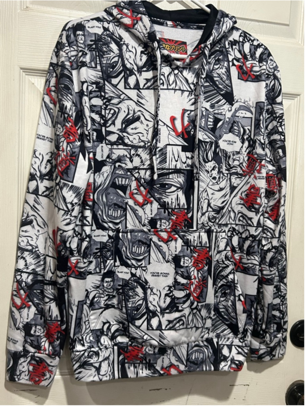 Men's Fresh Prints Hoodie S White Black Manga Print
